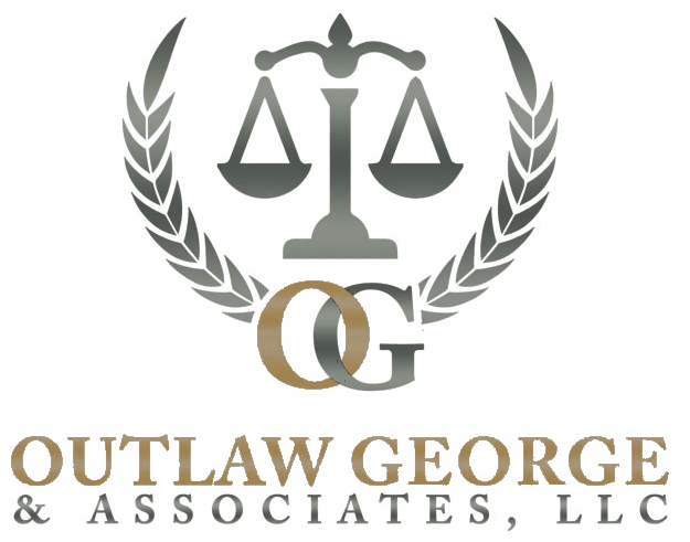 Outlaw George & Associates, LLC logo: scales of justice within a laurel wreath above the OG monogram